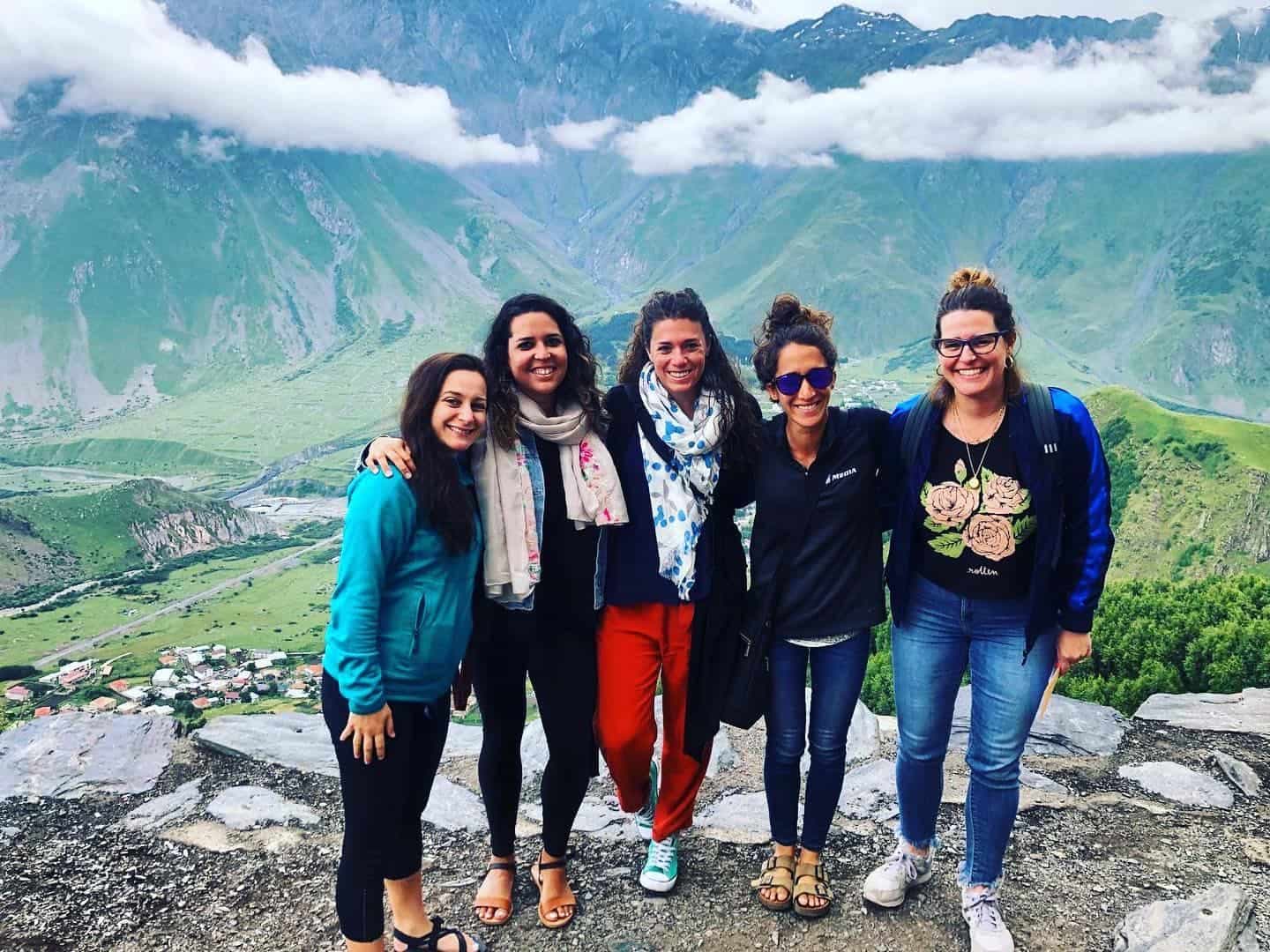 Sarah Herman (second from right) poses for a photo at Mqinvartsveri, outside of Tbilisi, on a JDC Entwine trip to Georgia in July 2019.