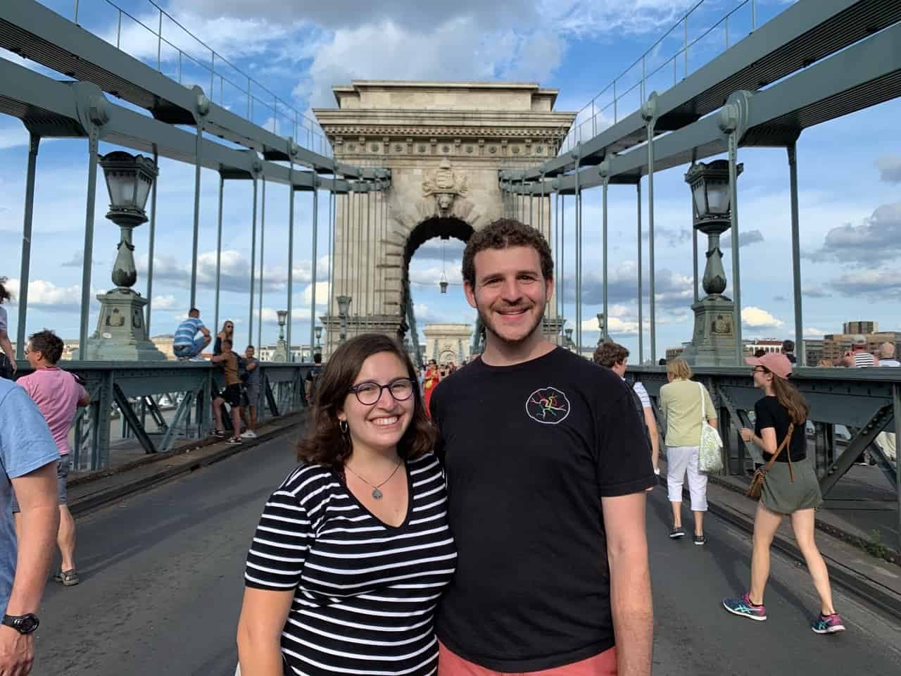 Aaron Torop and his fiancée, Madeline Budman, pose for a photo while exploring Budapest, Hungary.