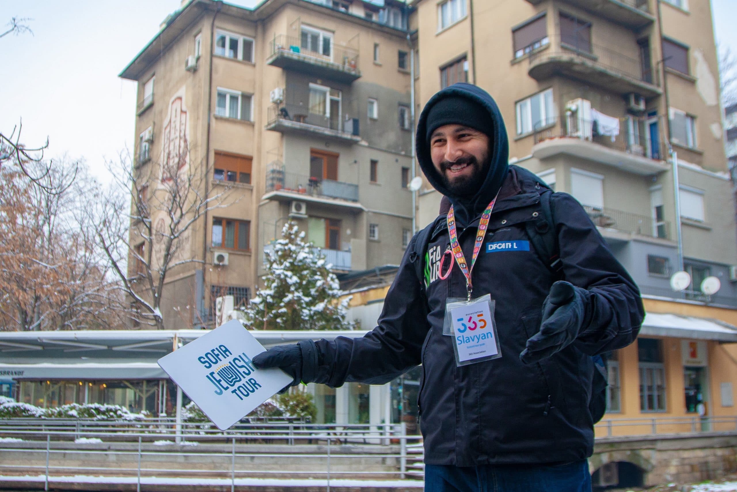 Slavyan leading a Jewish tour of Sofia, Bulgaria.